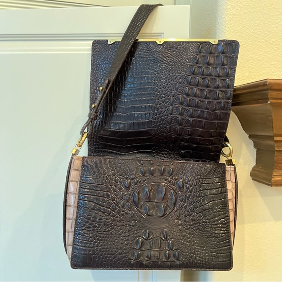 Brahmin Croc Embossed Leather Shoulder Handbag Dark Brown and Tan- BRAND NEW - Picture 4 of 12